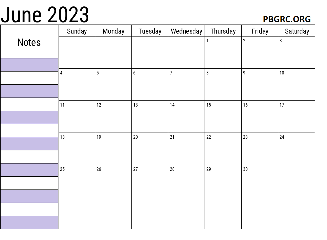 2023 june calendar with notes