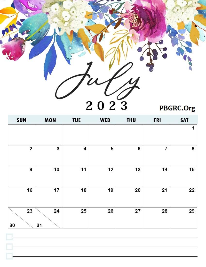 Best Free July 2023 Calendar Floral Template