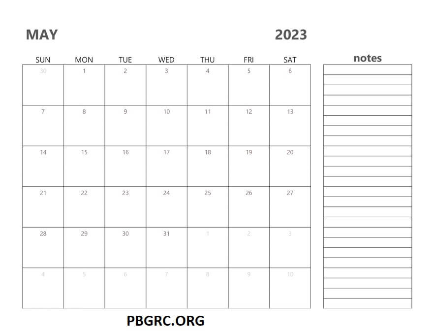 Blank May 2023 Calendar with Notes