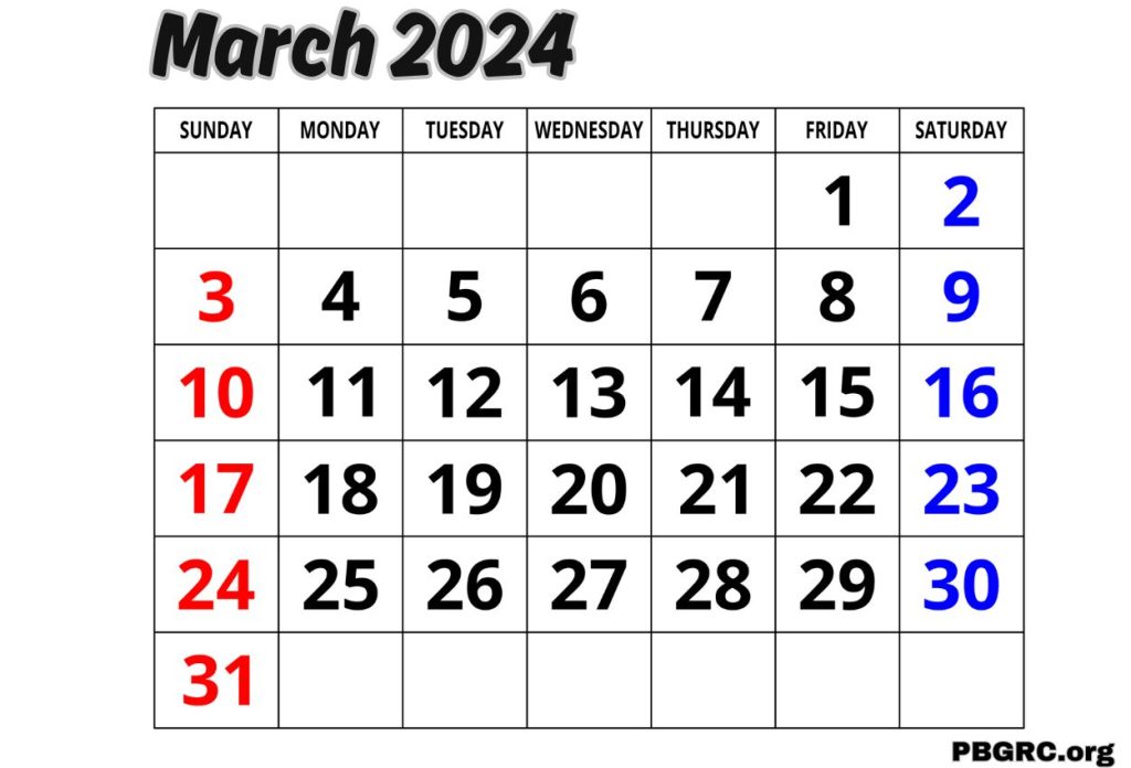 Calendar of March 2024 Excel Templates