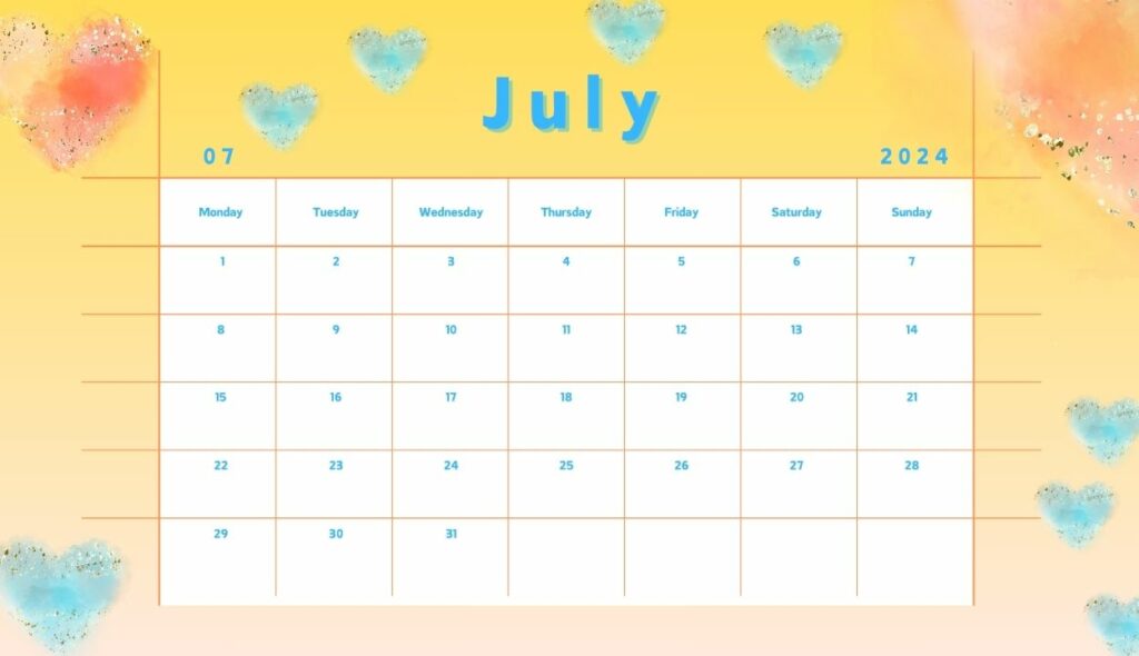 Cute 2024 July Calendar Wallpaper for home