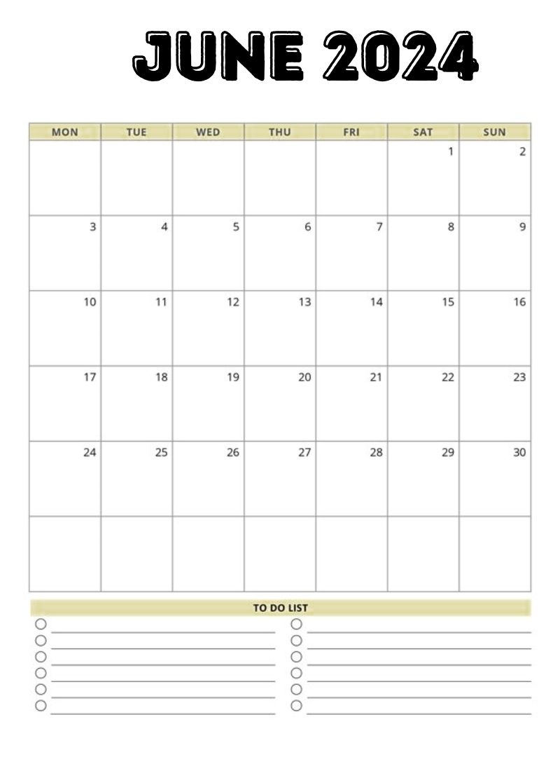 Editable June 2024 Calendar With To Do List