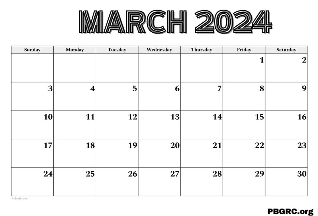Excel Calendar of March 2024 month