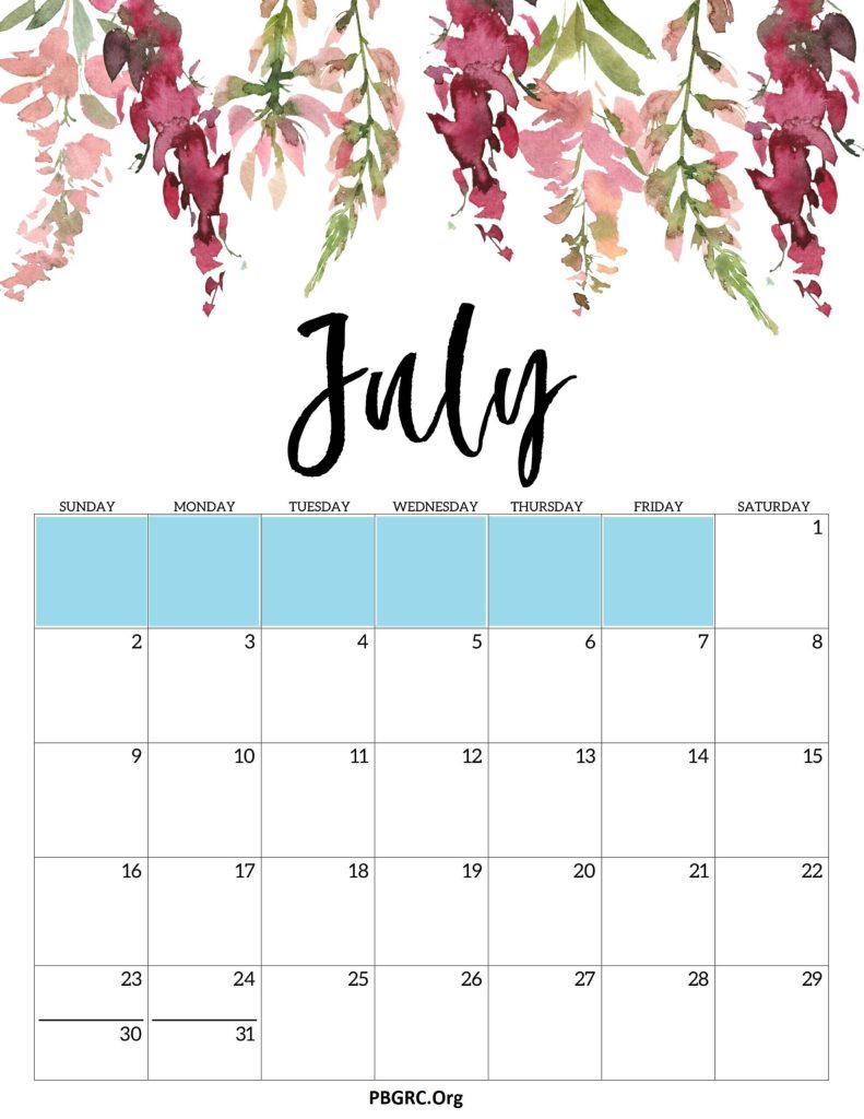 Floral July 2023 Calendar