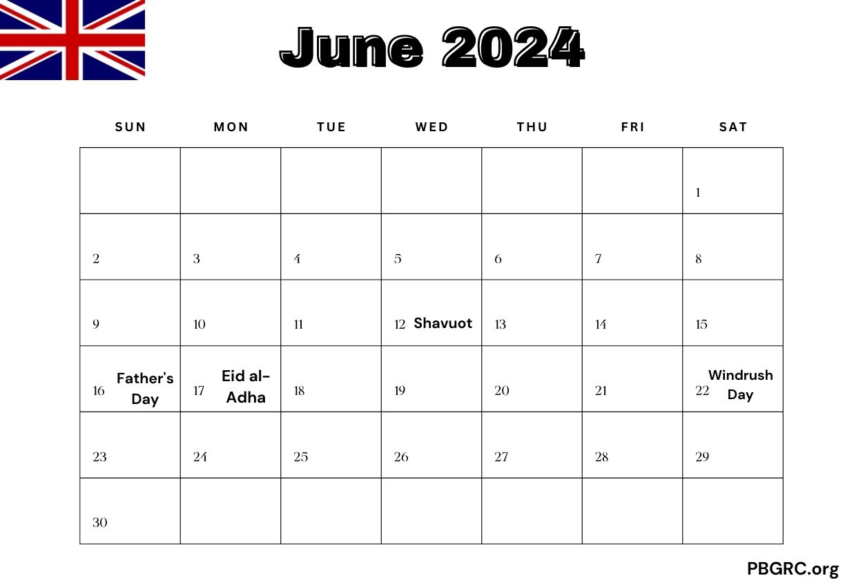 Free June 2024 UK Holiday Calendar