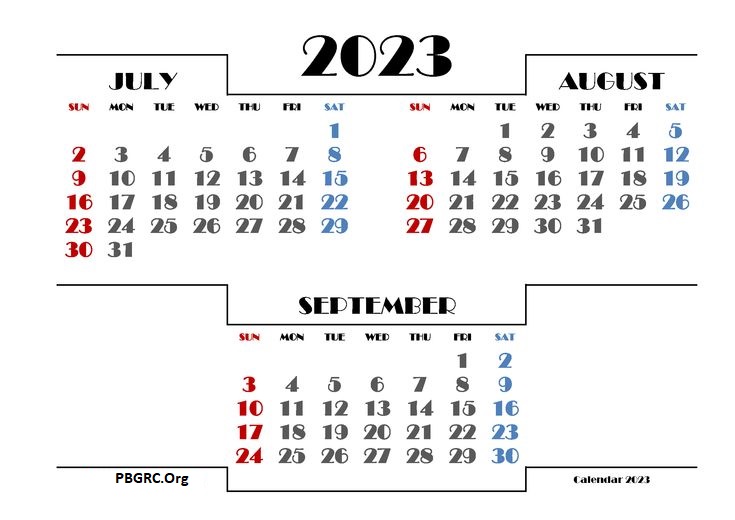 Free Printable July August September 2023 Calendar