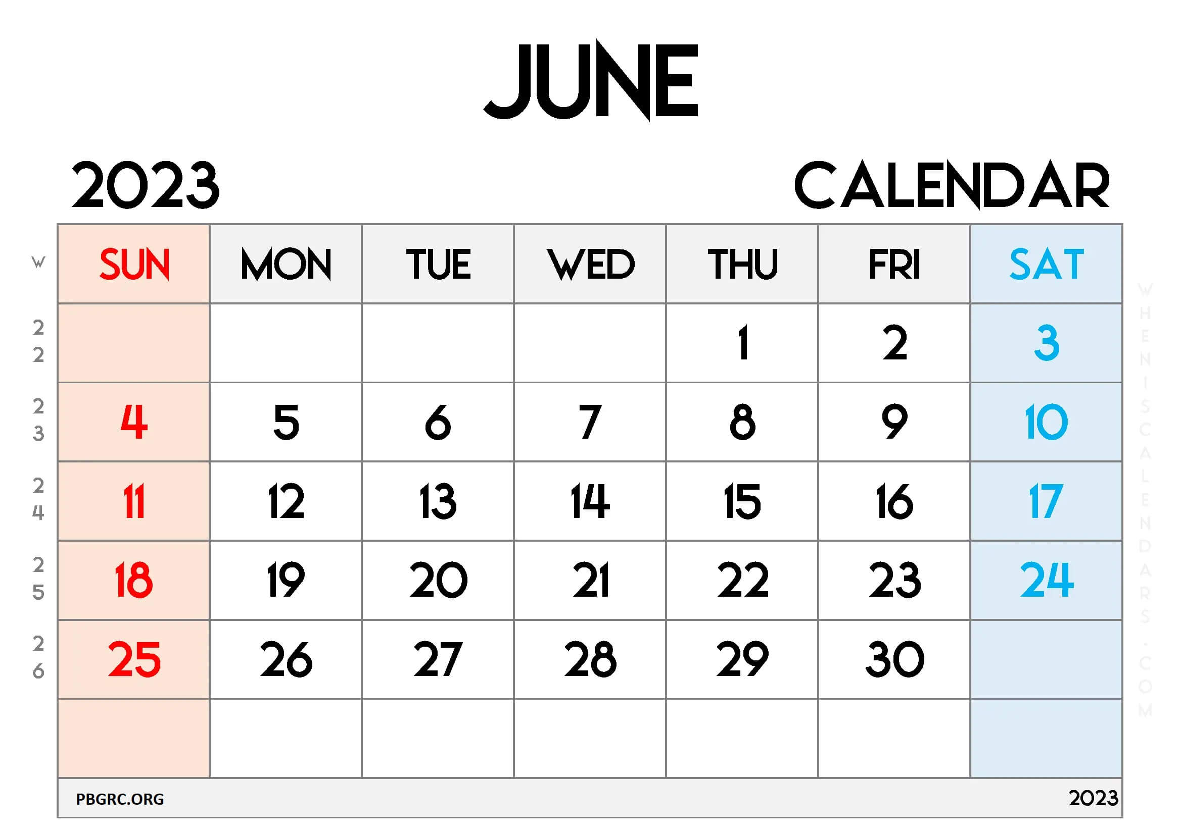 Free Printable June Calendar 2023 With Week Numbers