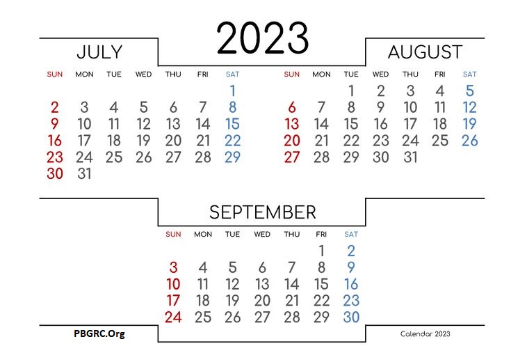 July August September Calendar 2023
