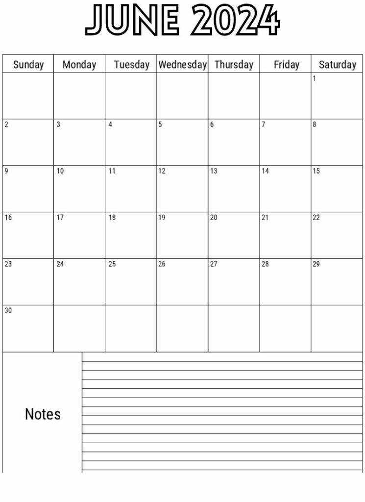 June 2024 Editable Calendar With Notes