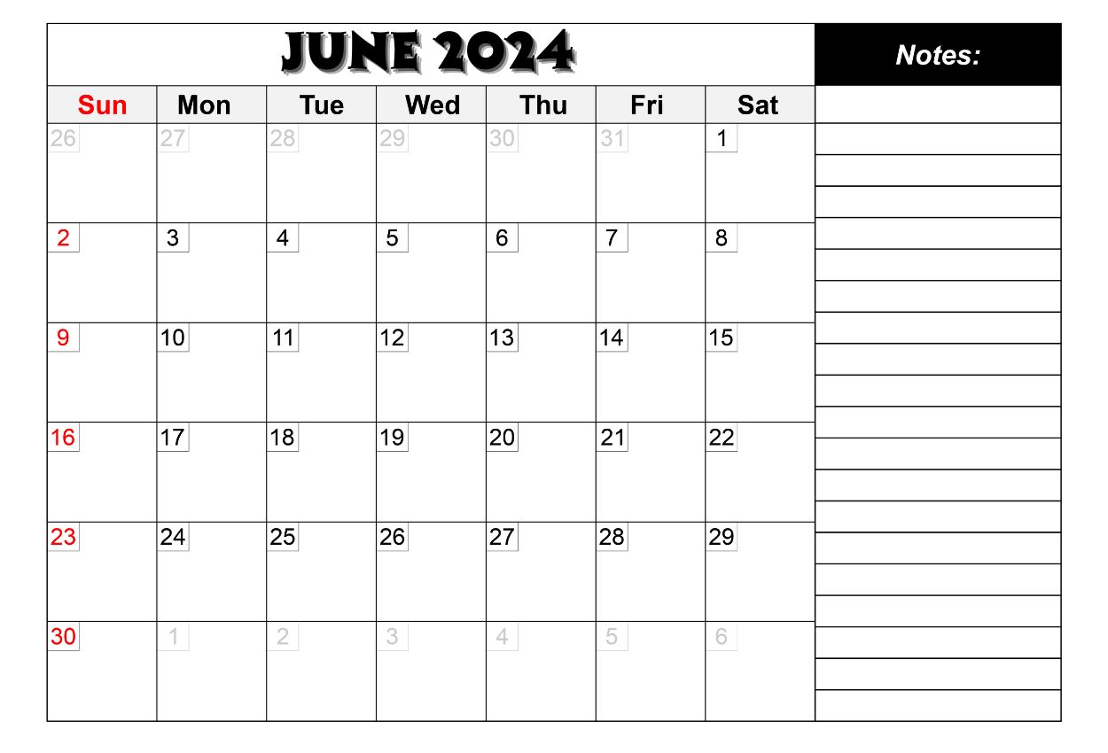 June 2024 Simple notes Calendar