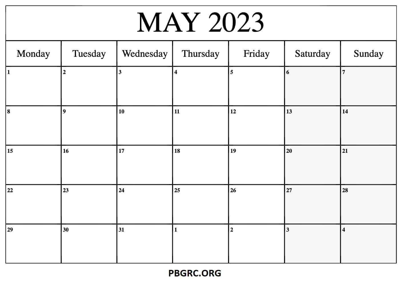 May 2023 Calendar Printable (Monday)