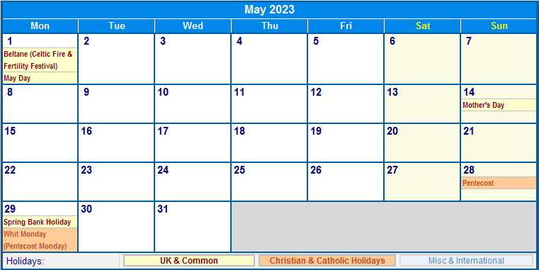 May 2023 UK Calendar Holidays
