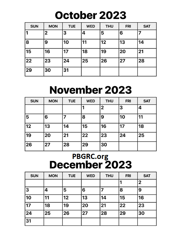 October November December 2023 Calendar Templates