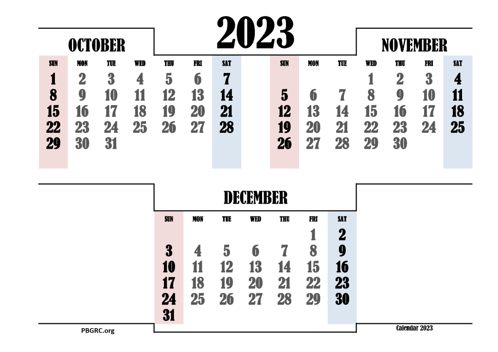 October November December Calendar 2023