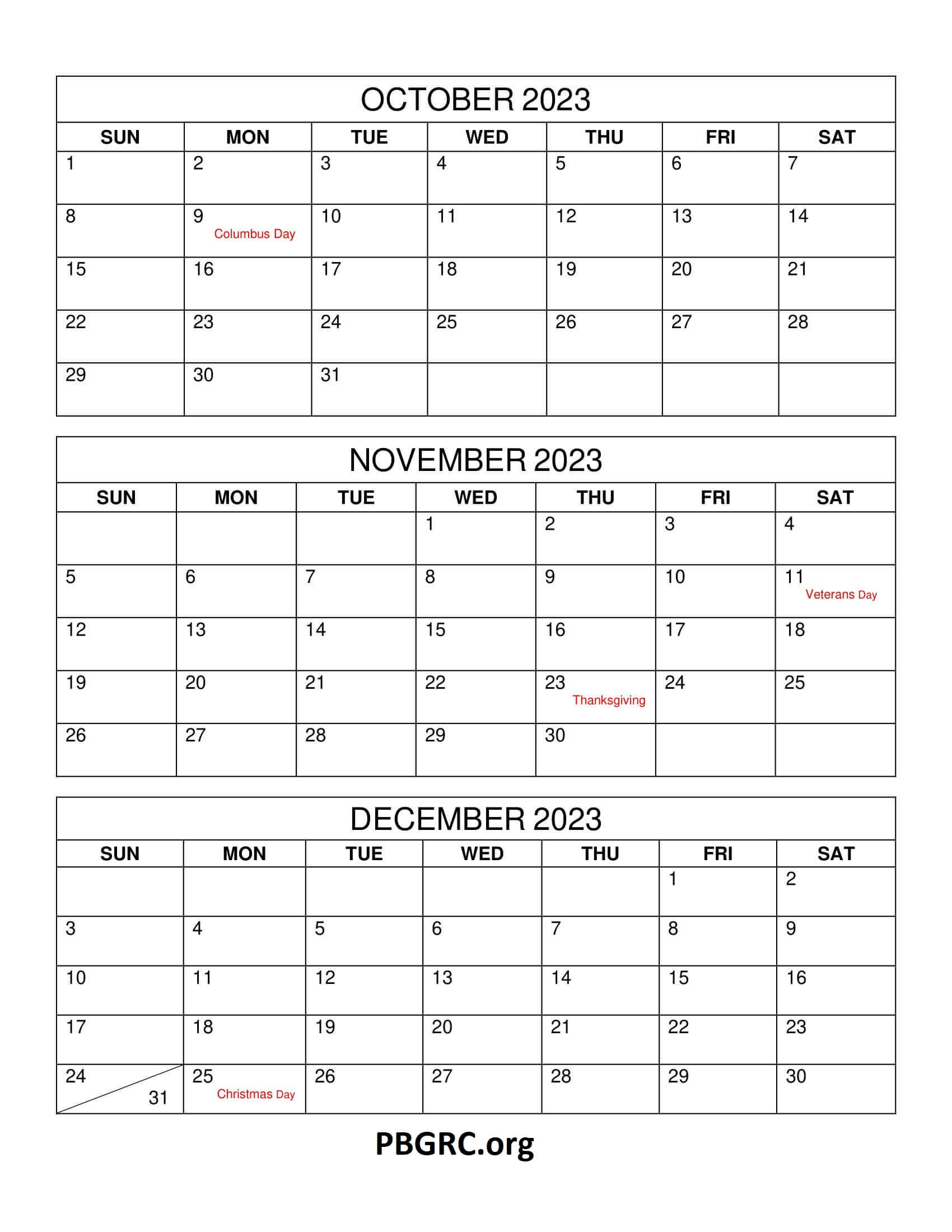 October to December 2023 Calendar with Holidays