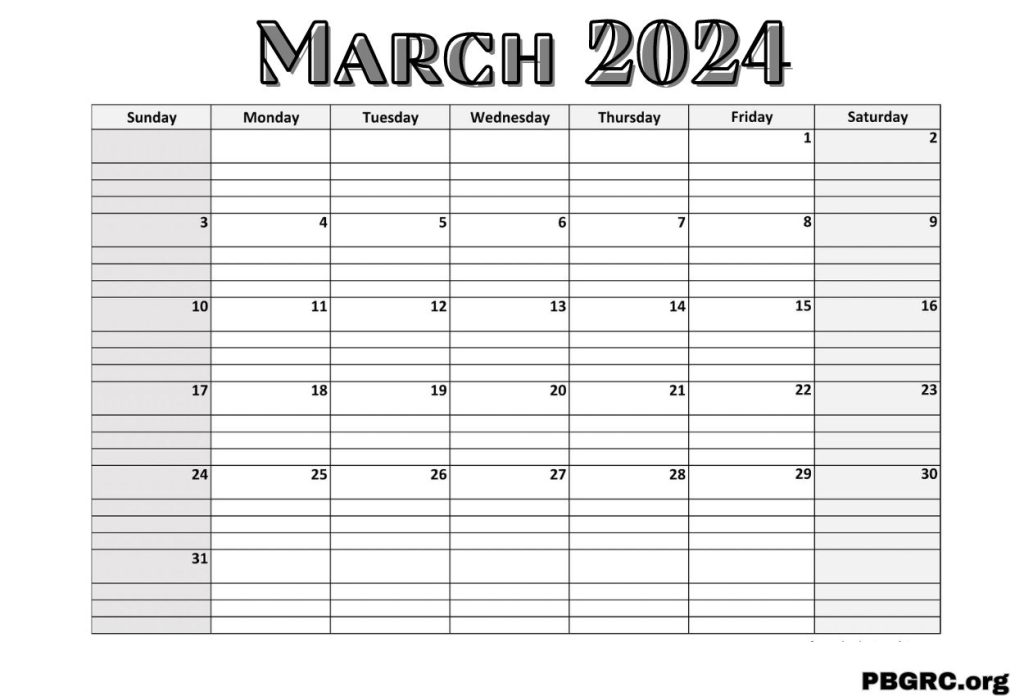 Print 2024 Calendar of March