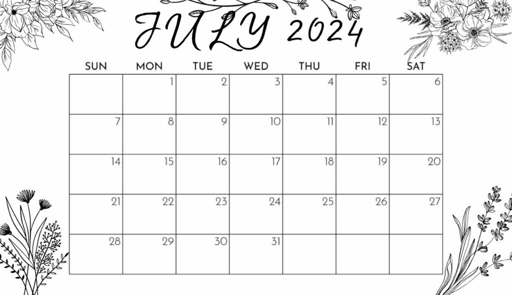 floral July 2024 calendar For Wall