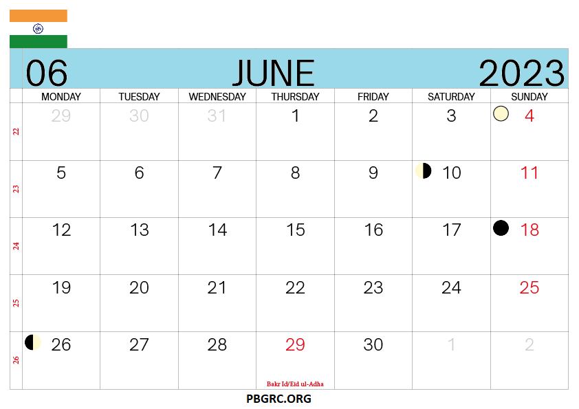 june 2023 calendar with holidays india