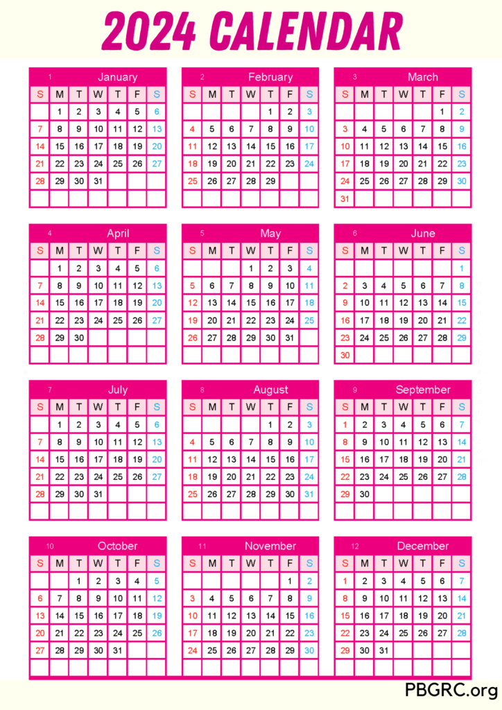 12 Month Calendar 2024 Excel