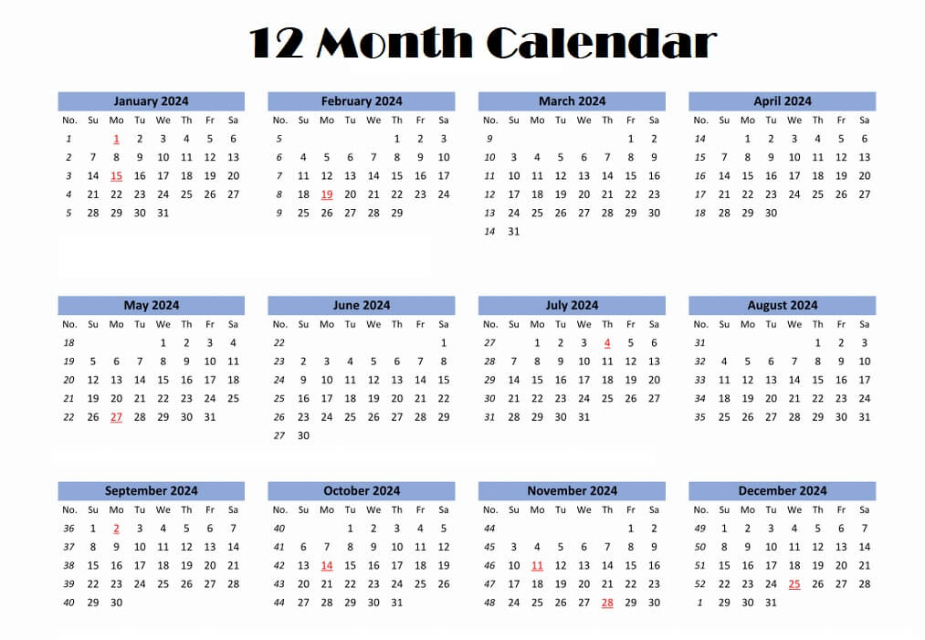 12 Month 2024 Calendar Template