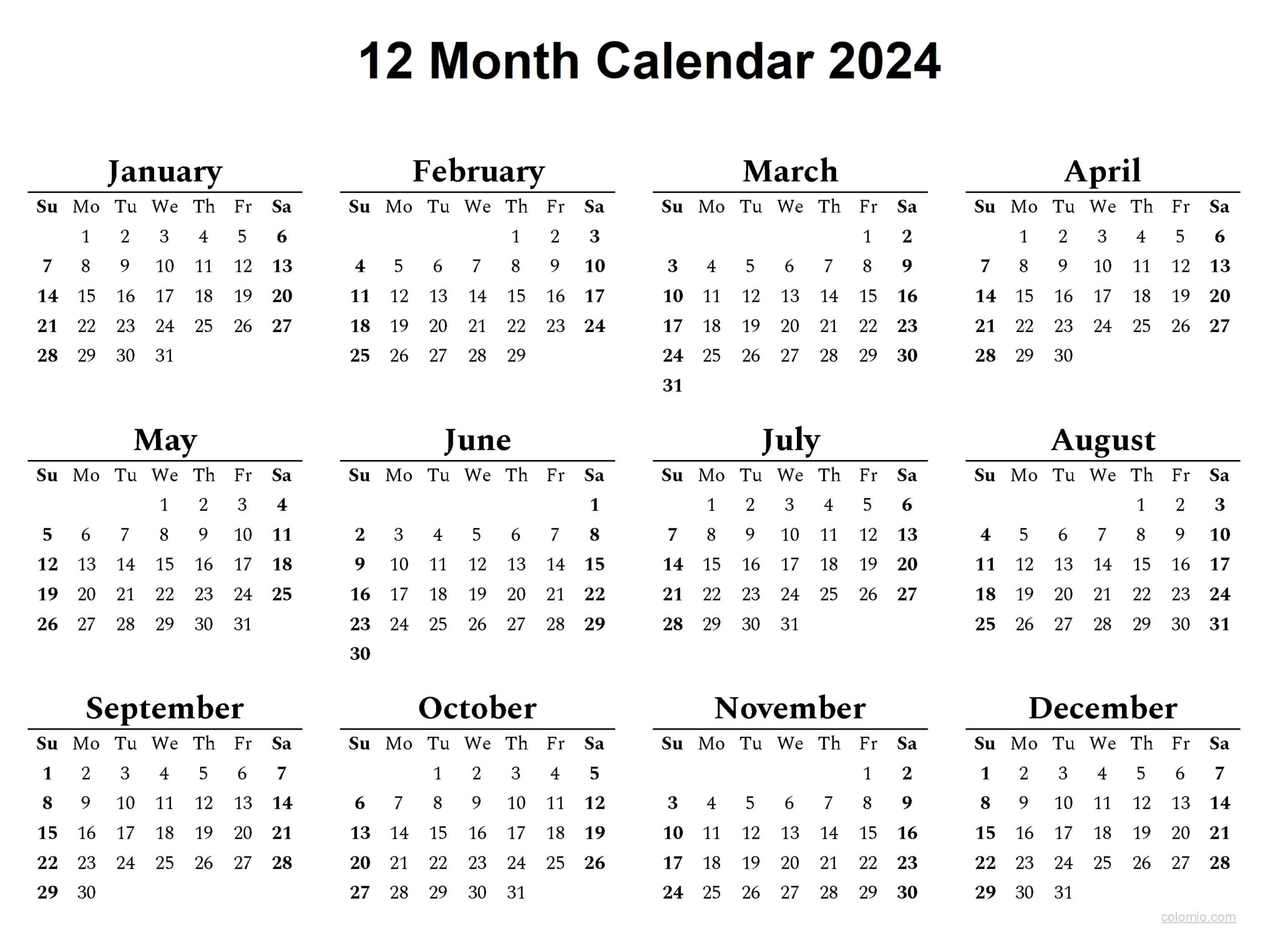 12 Month Calendar To Print 2024