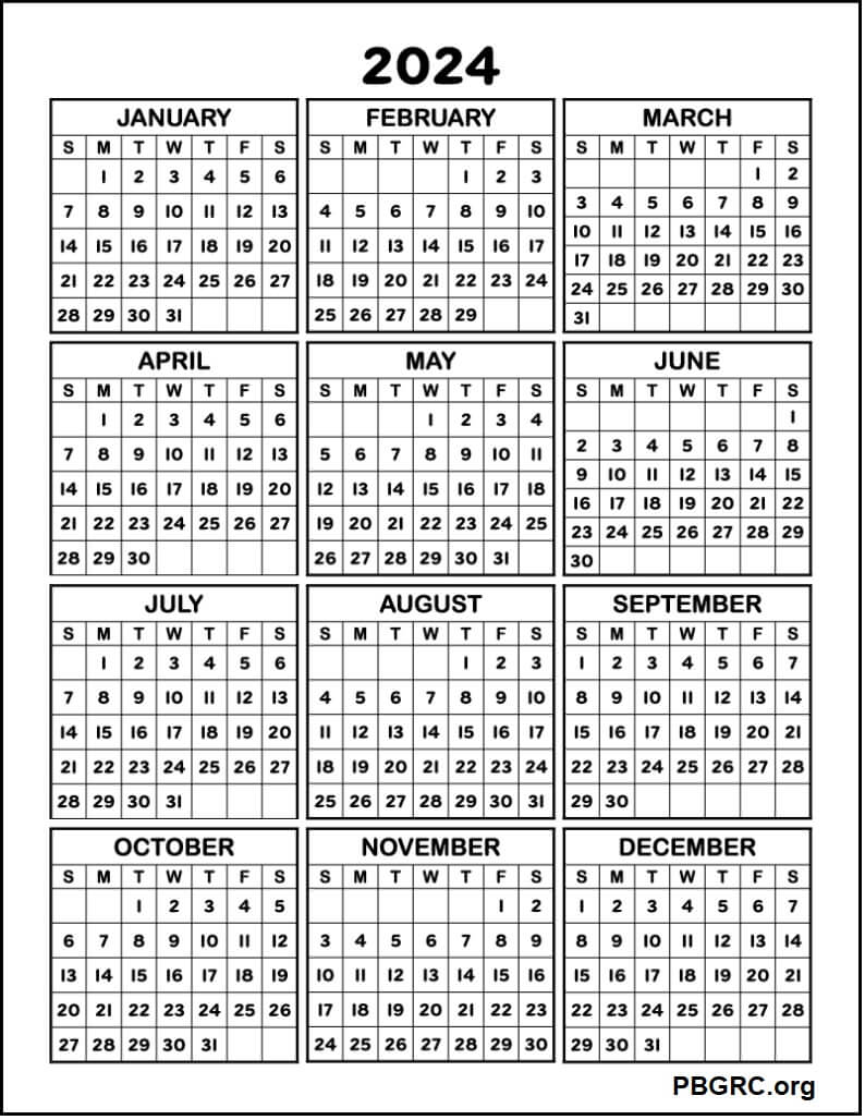 12 month Calendar 2024 PDF