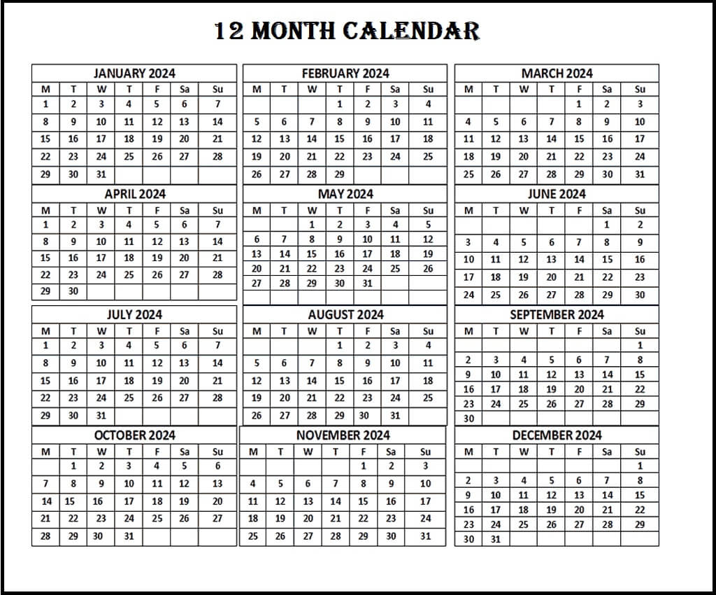 12 month calendar 2024