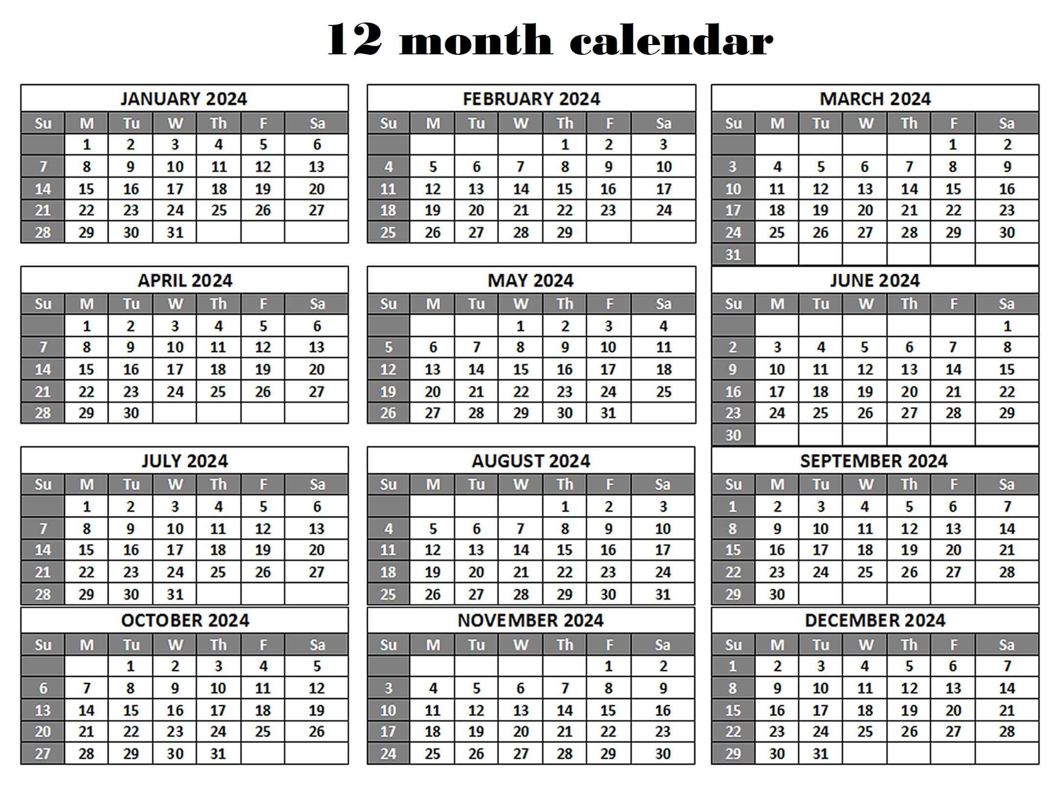 12 month calendar 2024 printable
