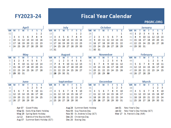 2023-24 Fiscal Year Calendar Template UK