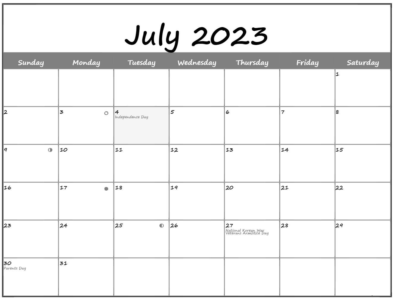 2023 July Calendar Moon Phases
