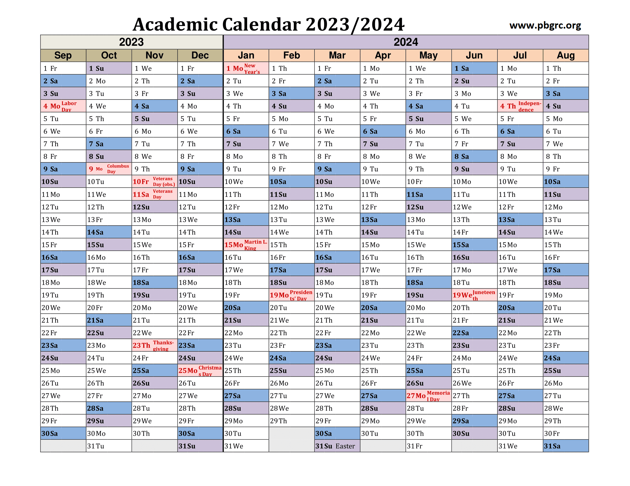 Academic Calendar Sep 2023 to Aug 2024