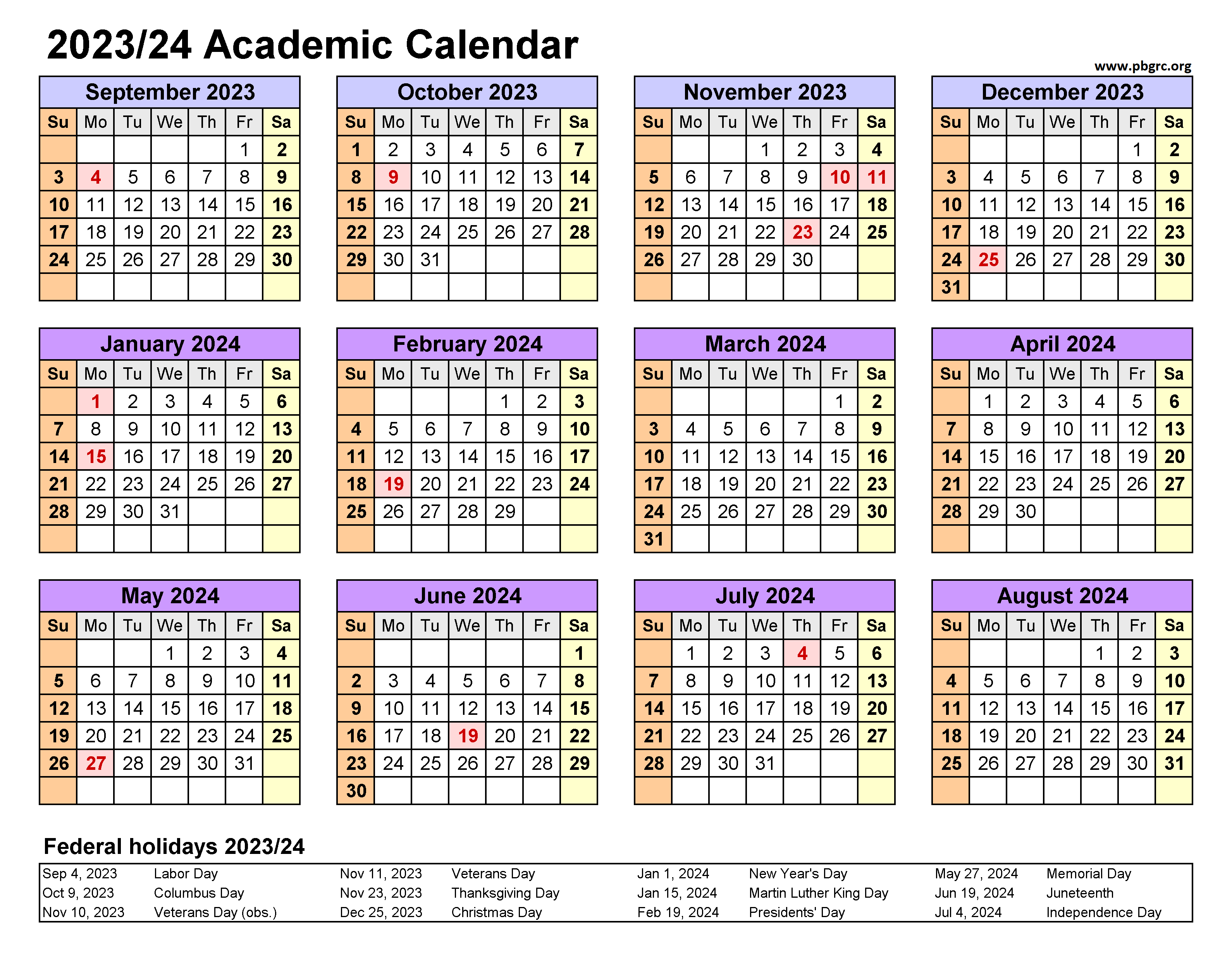 Academic Calendars 2023 2024