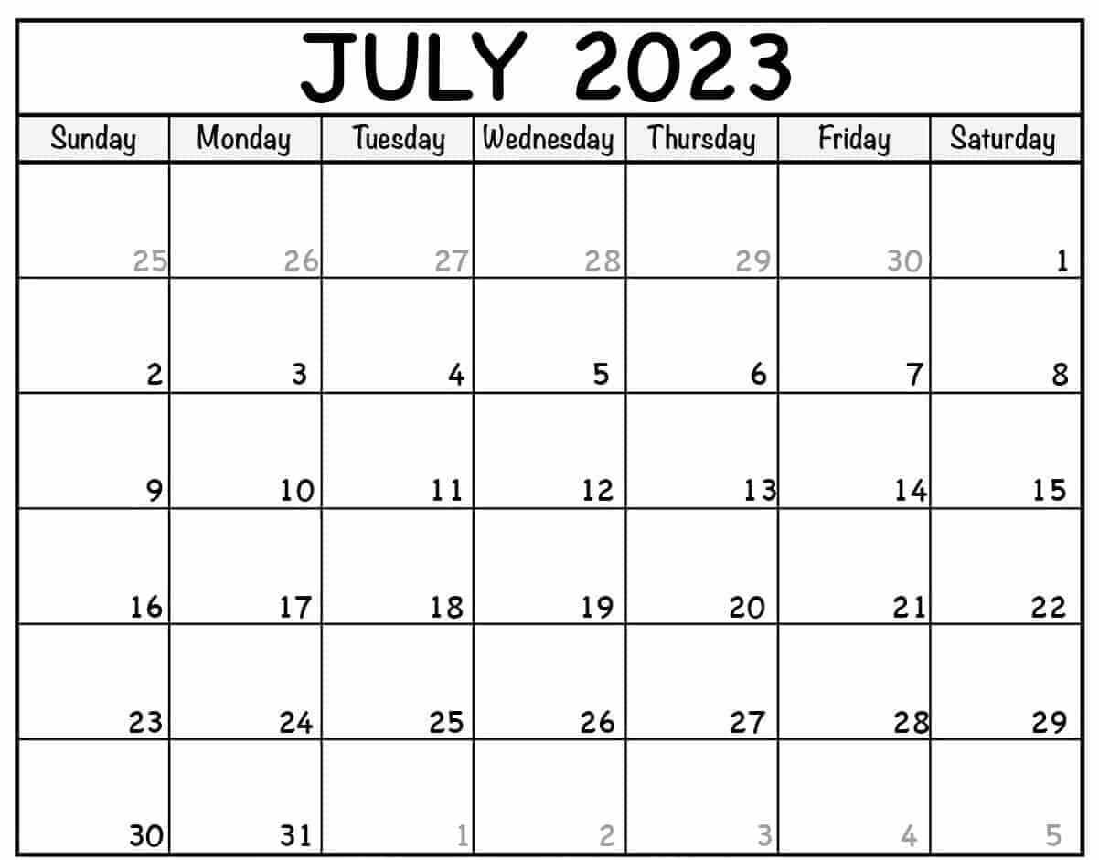 Blank July 2023 Calendar Printable with Holidays
