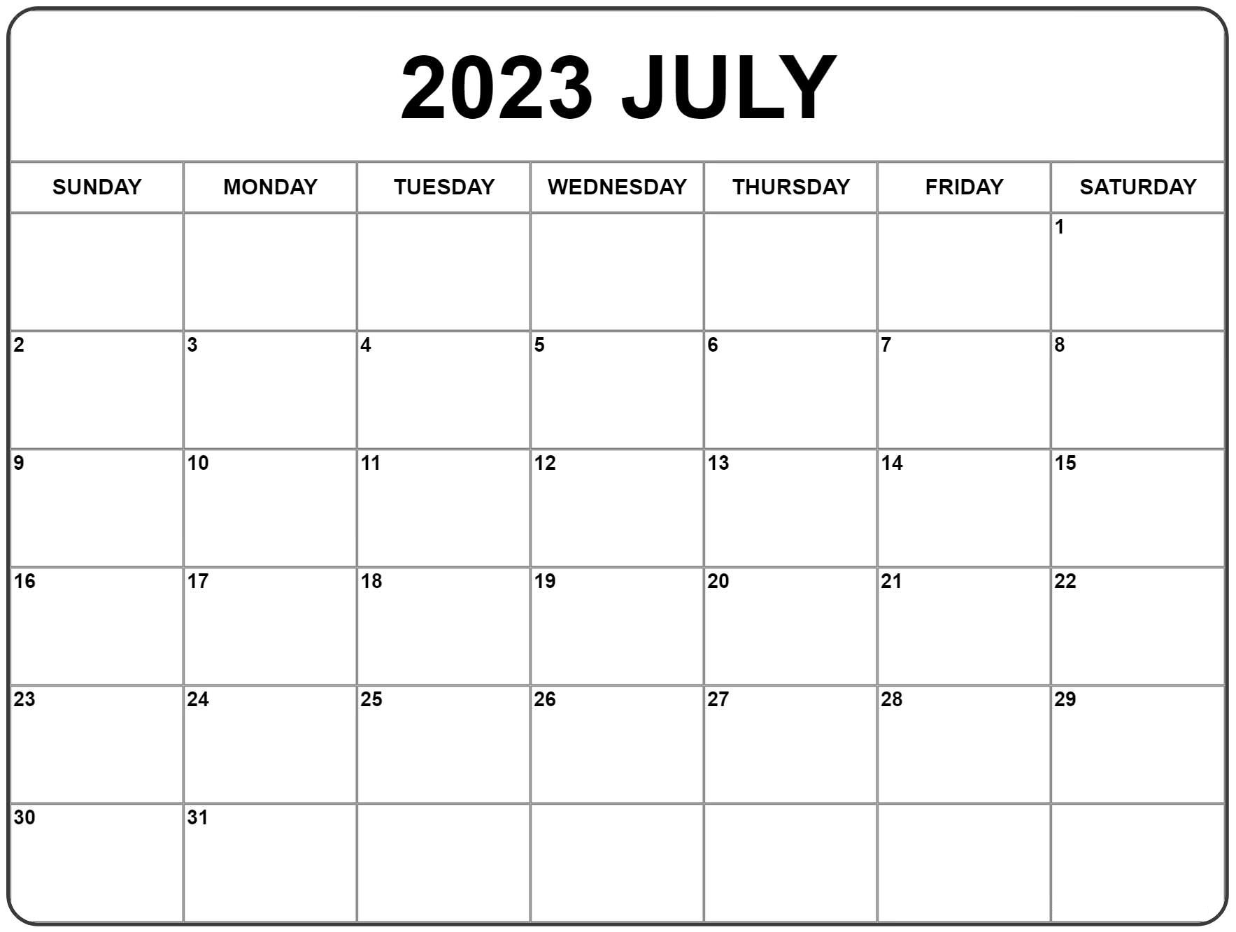 Blank July Calendar 2023
