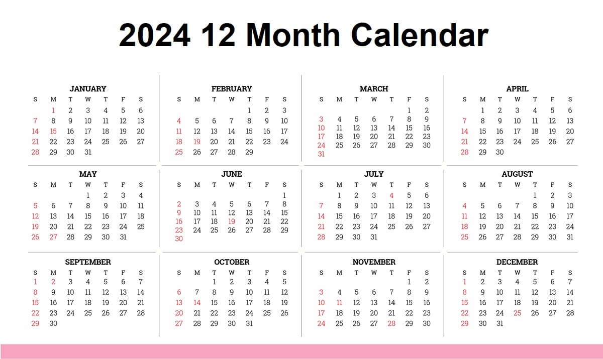 Download 2024 12 Month Calendar on one page