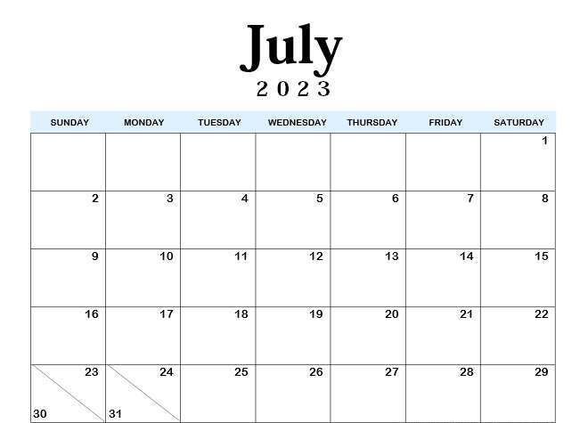 Editable 2023 July Calendar