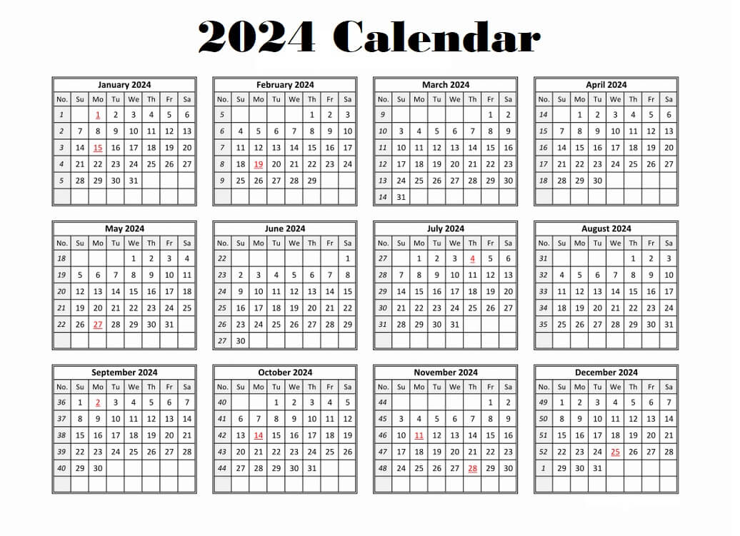 Free 12 month Calendar 2024