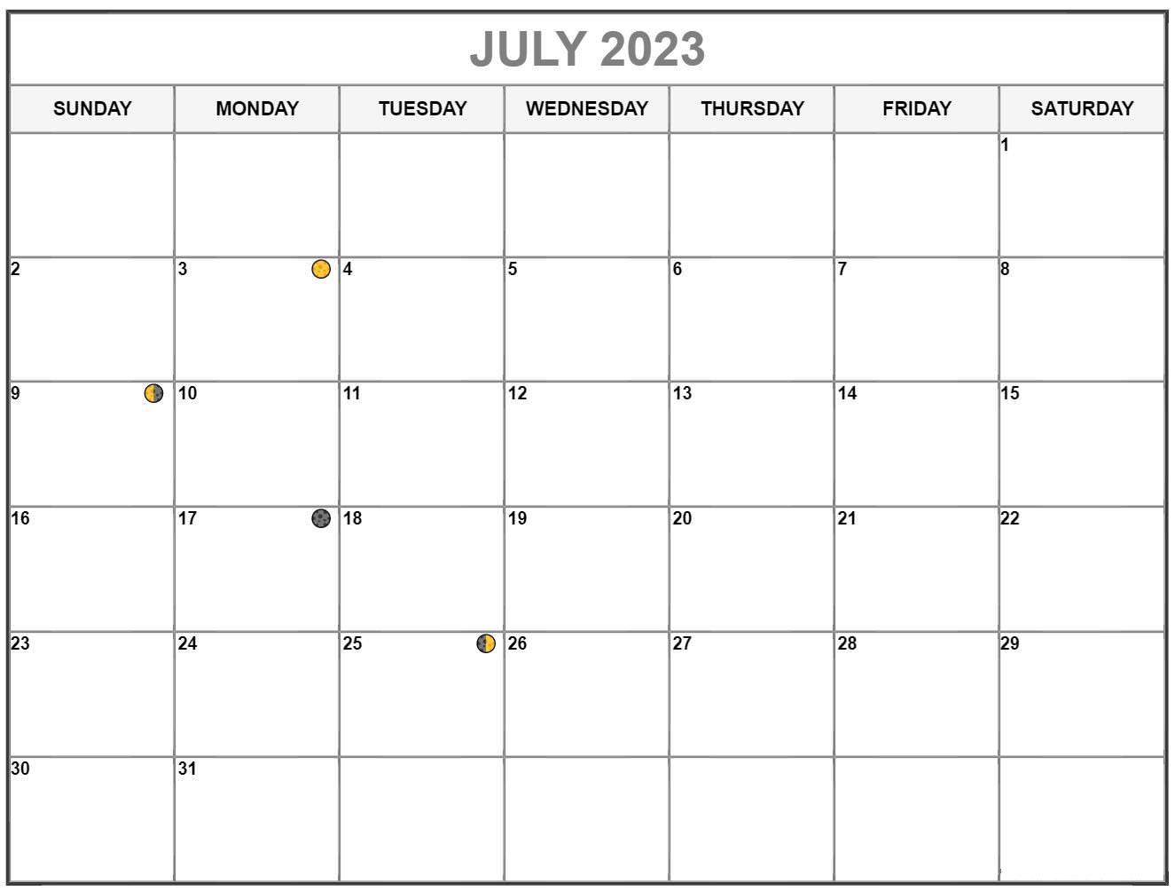 Free July 2023 Calendar Template With Lunar Phases