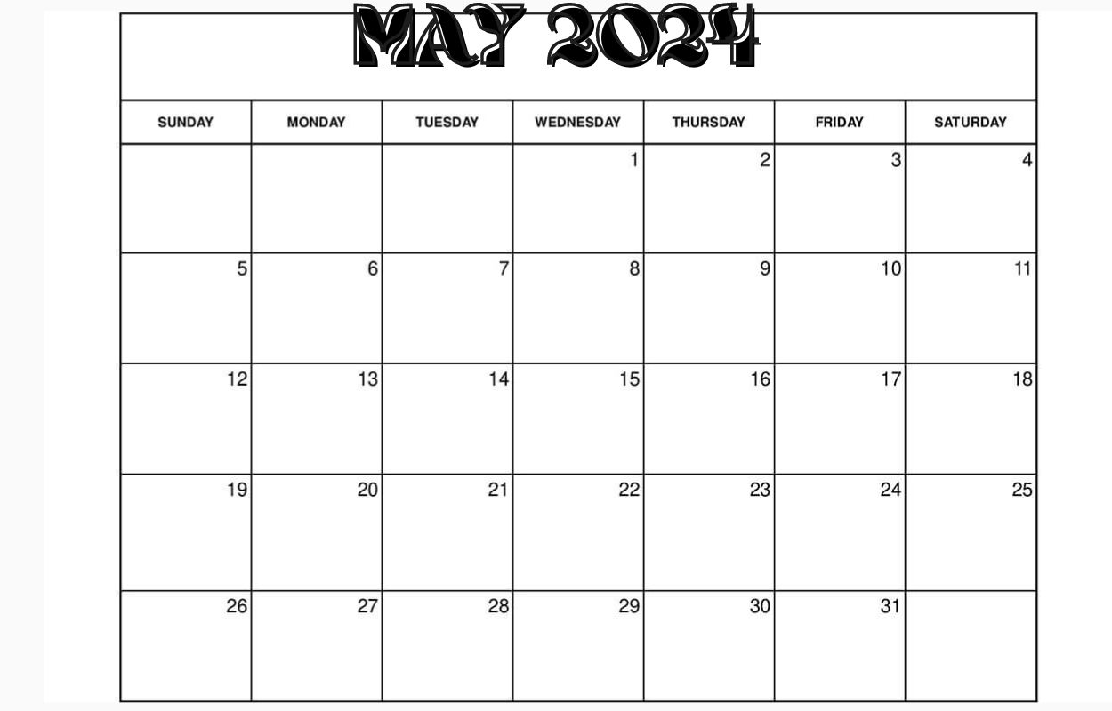 Free Monthly 2024 May Calendar