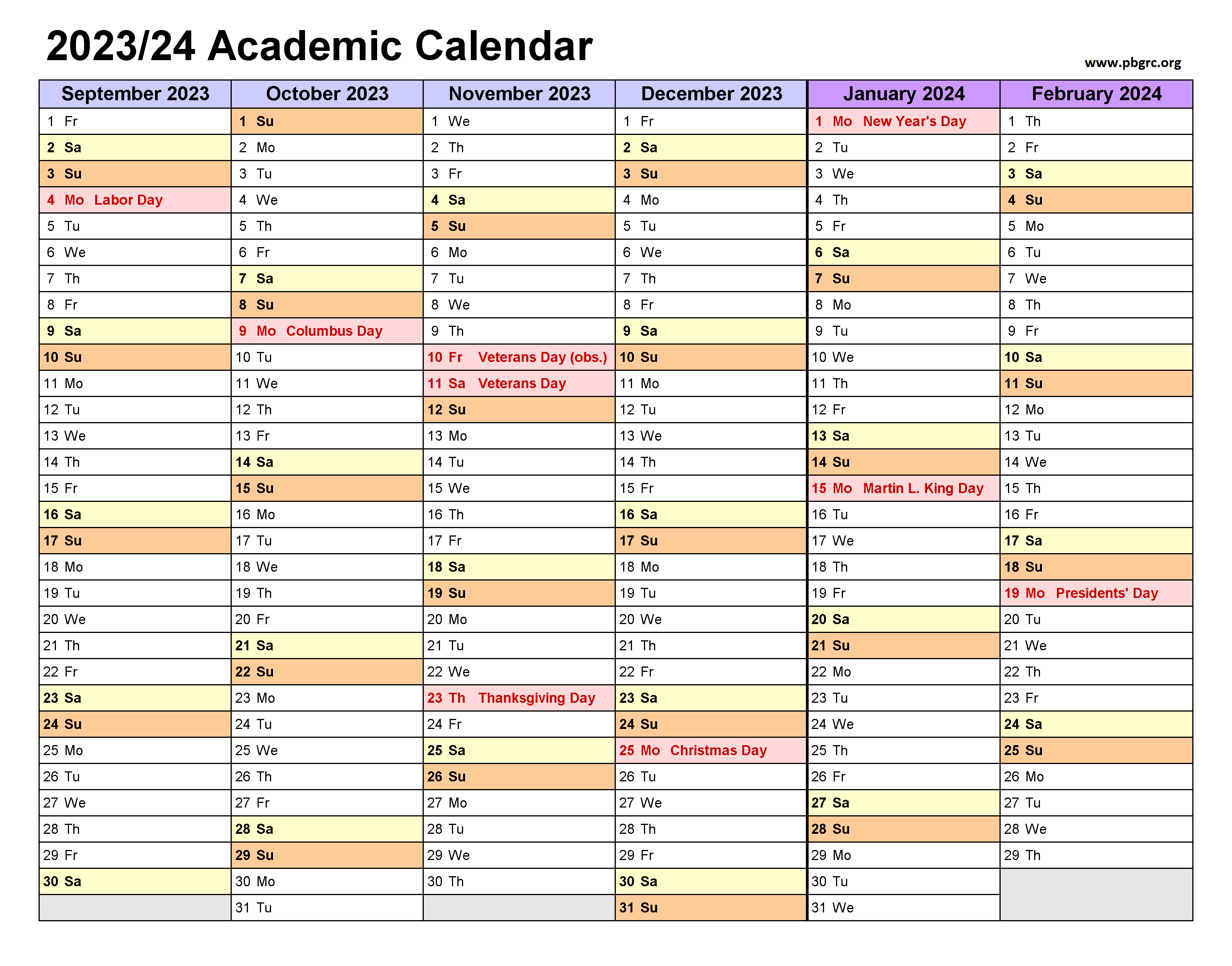 Free Printable Academic Calendar 2023 to 2024