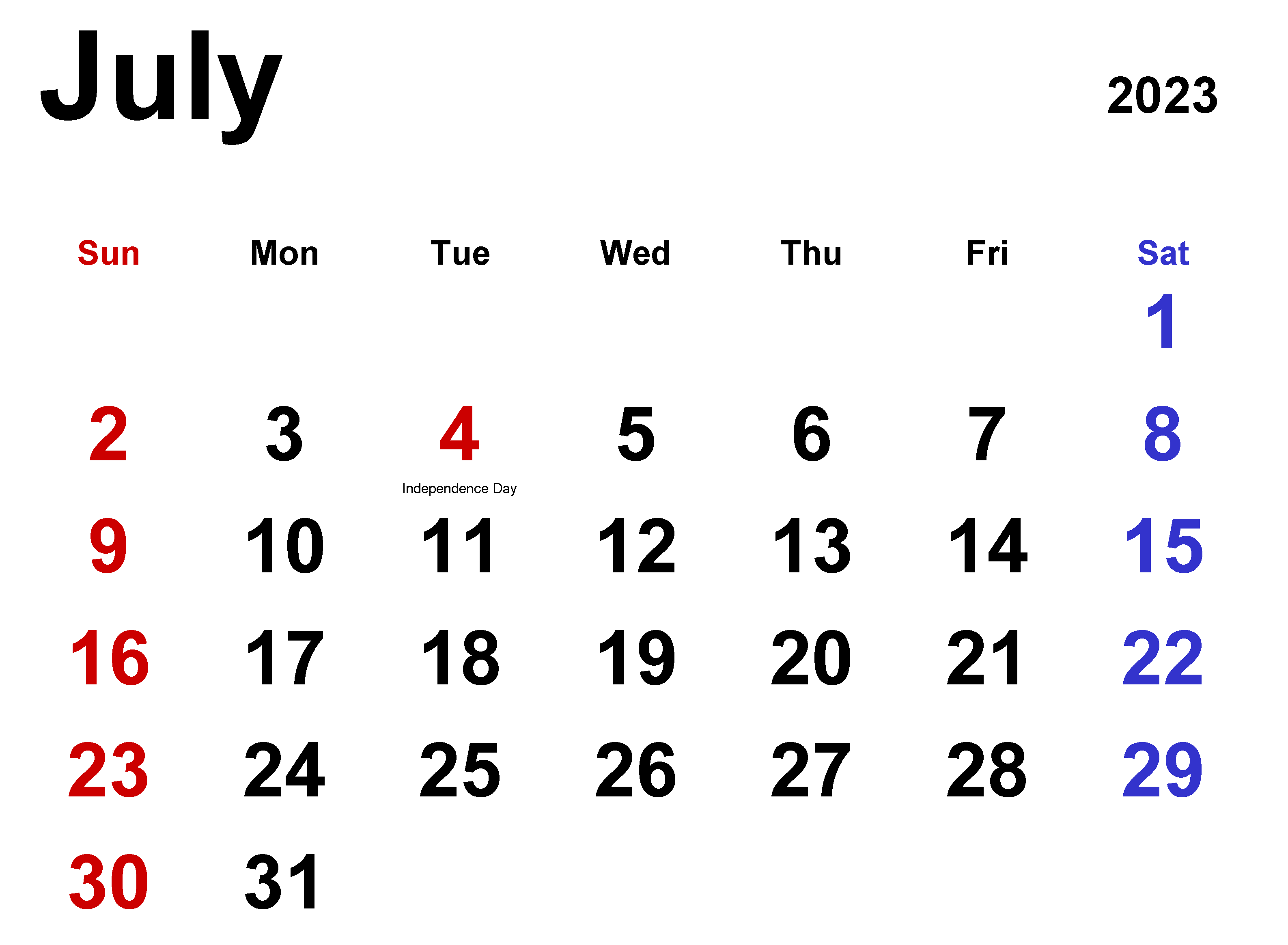 Free Printable Editable July 2023 Calendar