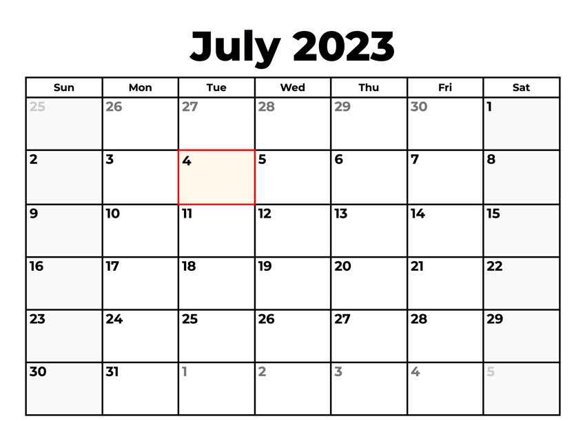 Free Printable July Calendar 2023 Holidays