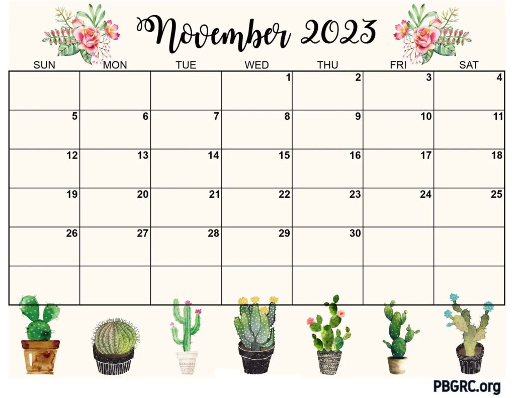 Free Printable November 2023 Floral Calendar