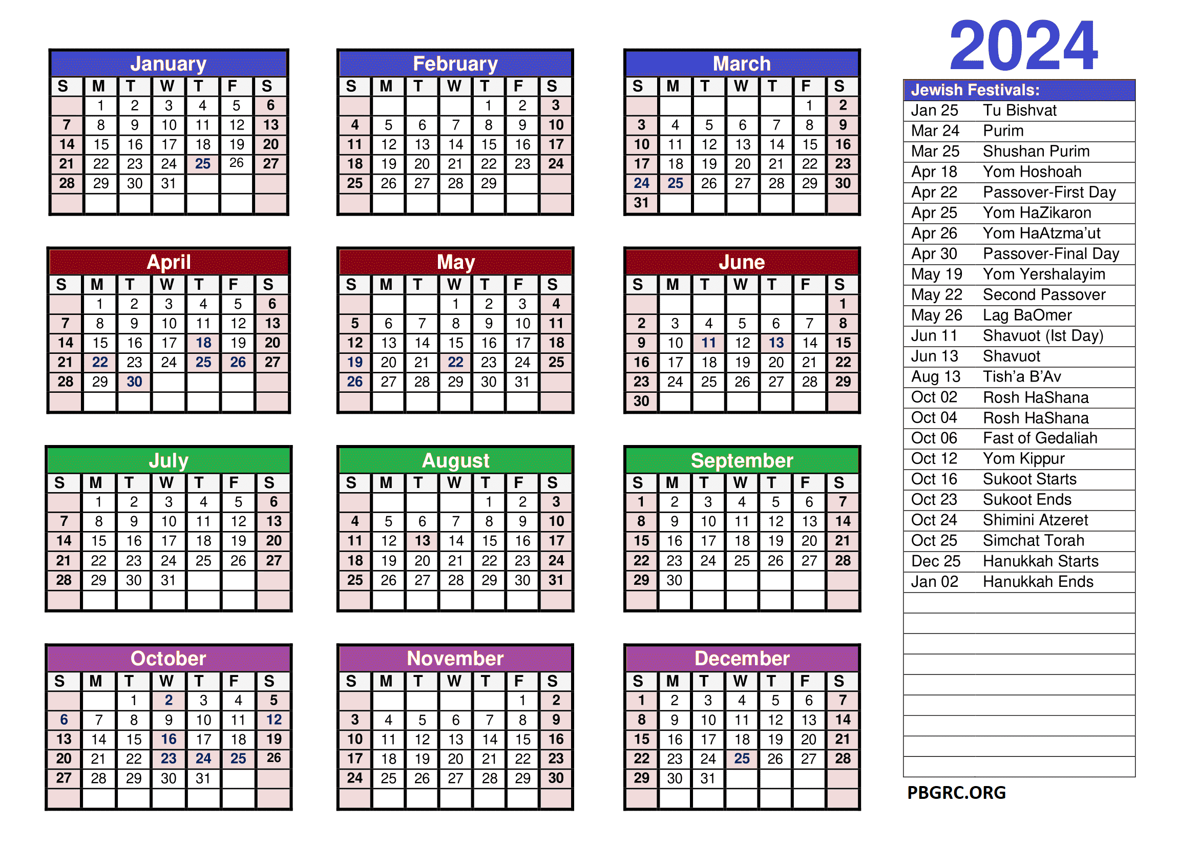 Jewish Calendar 2024 Printable PDF Templates