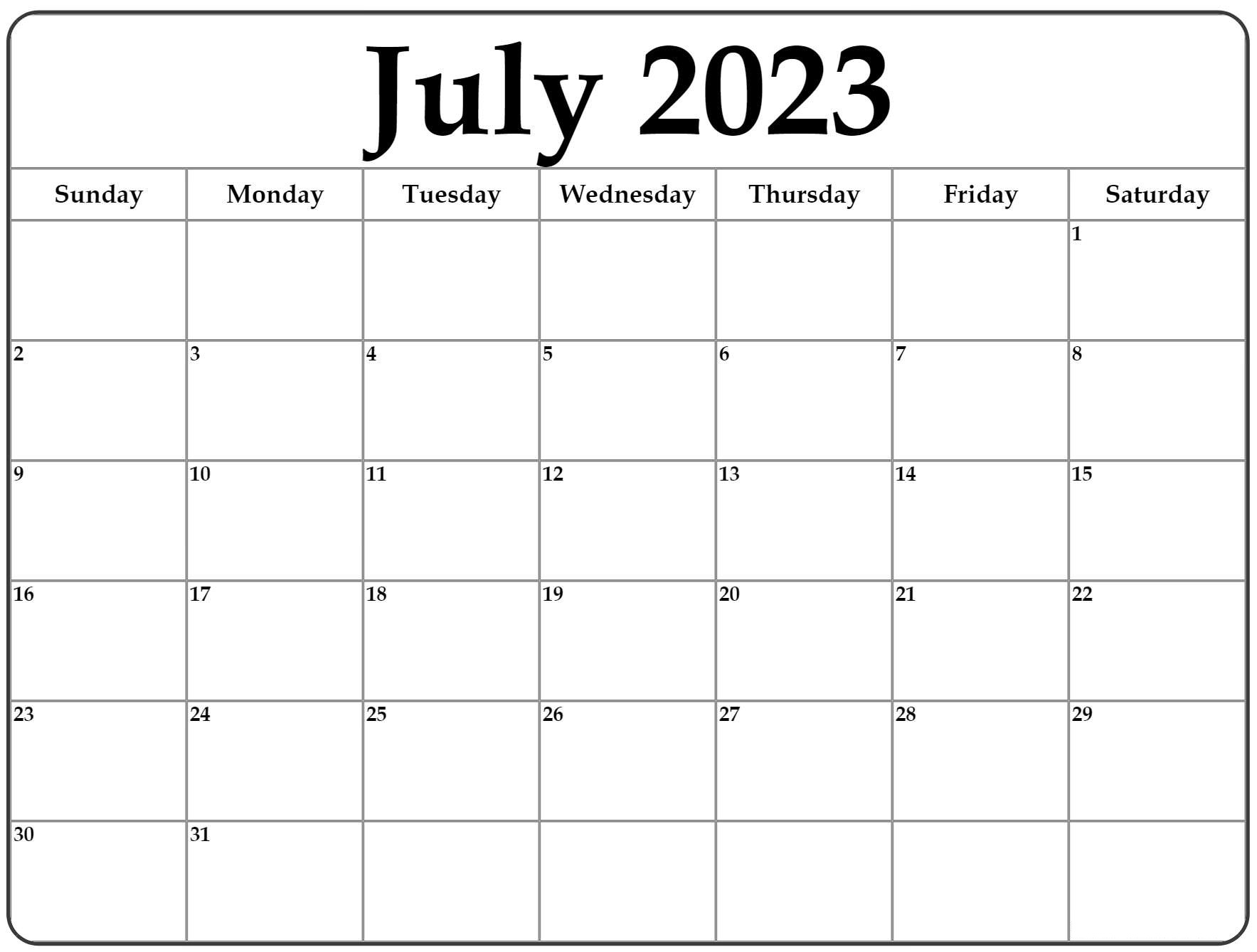 July 2023 Calendar Blank Templates with Notes