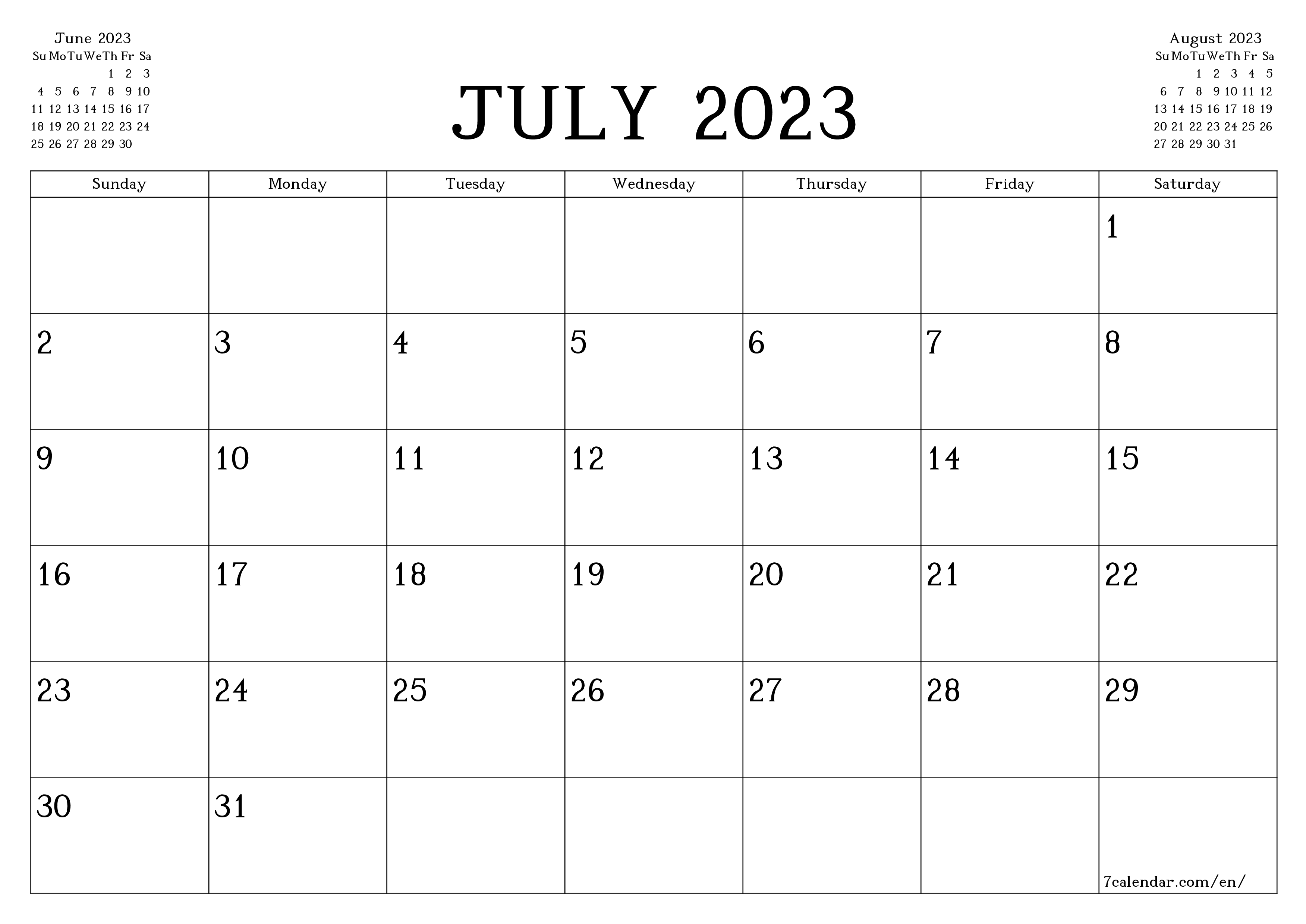July 2023 Calendar Templates with Notes