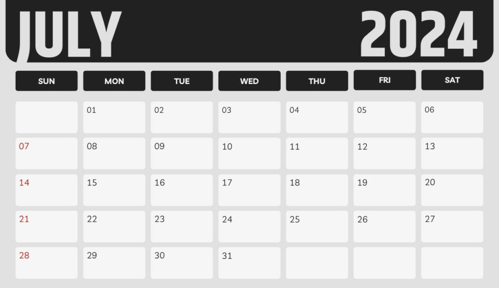 July 2024 Fillable Calendar with Large Space Notes