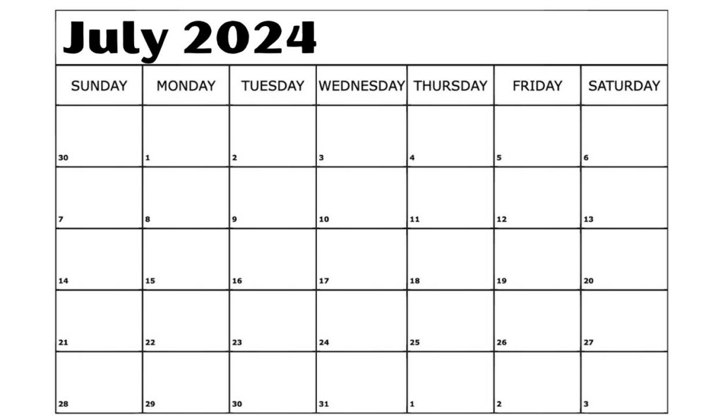 July 2024 blank A4 calendar