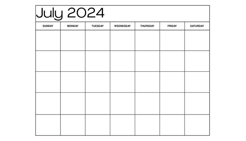 July blank calendar 2024 template Free
