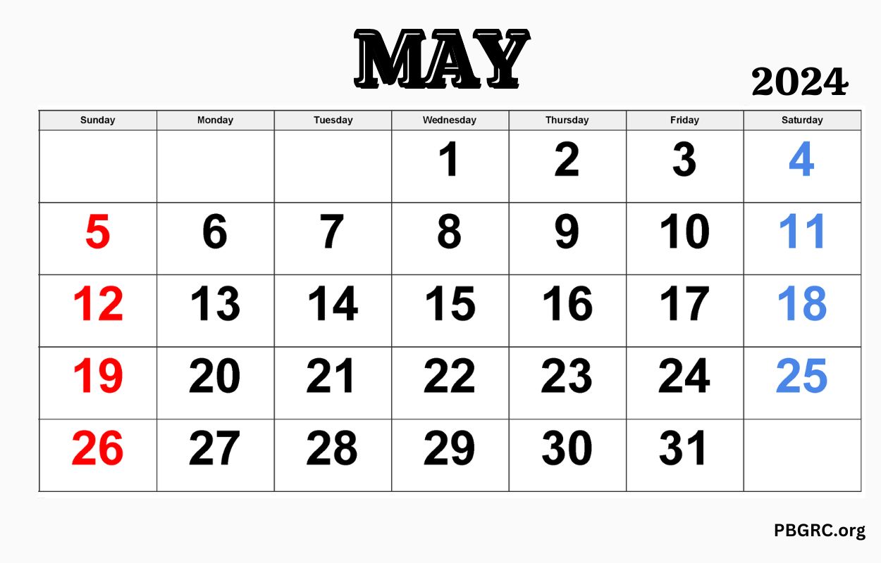 May 2024 Monday To Sunday Calendar